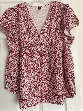 SHEIN Red Floral V-Neck Flutter Sleeve Blouse
